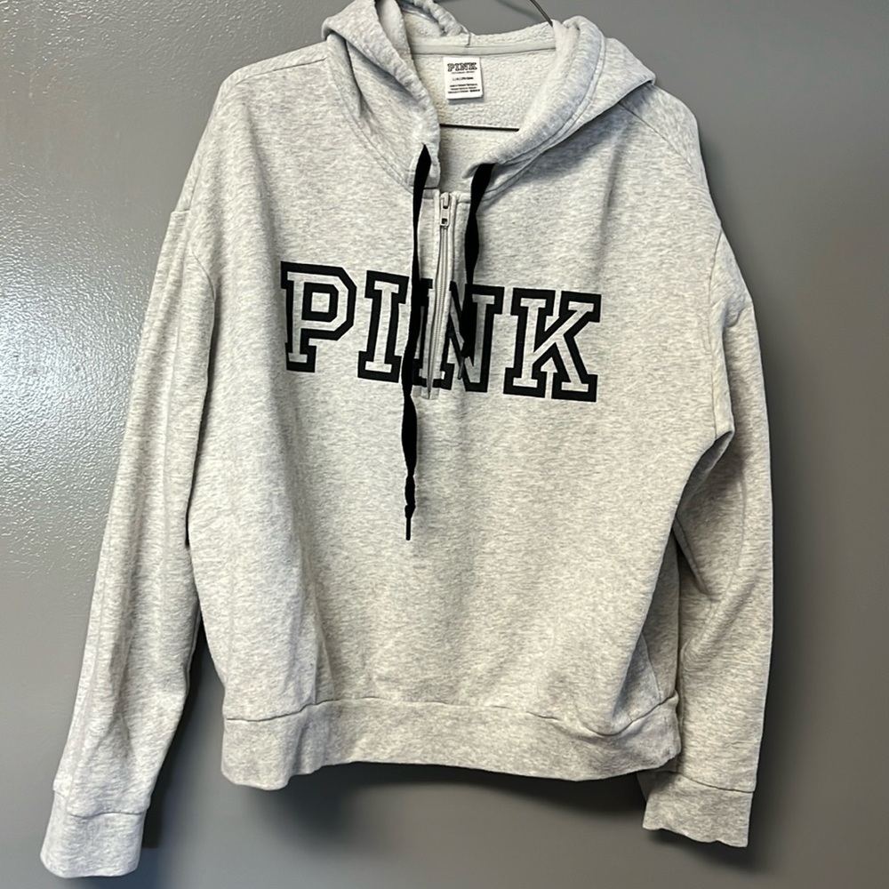 Victoria Secret PINK. 1/4 zip Hoodie Gray size Large